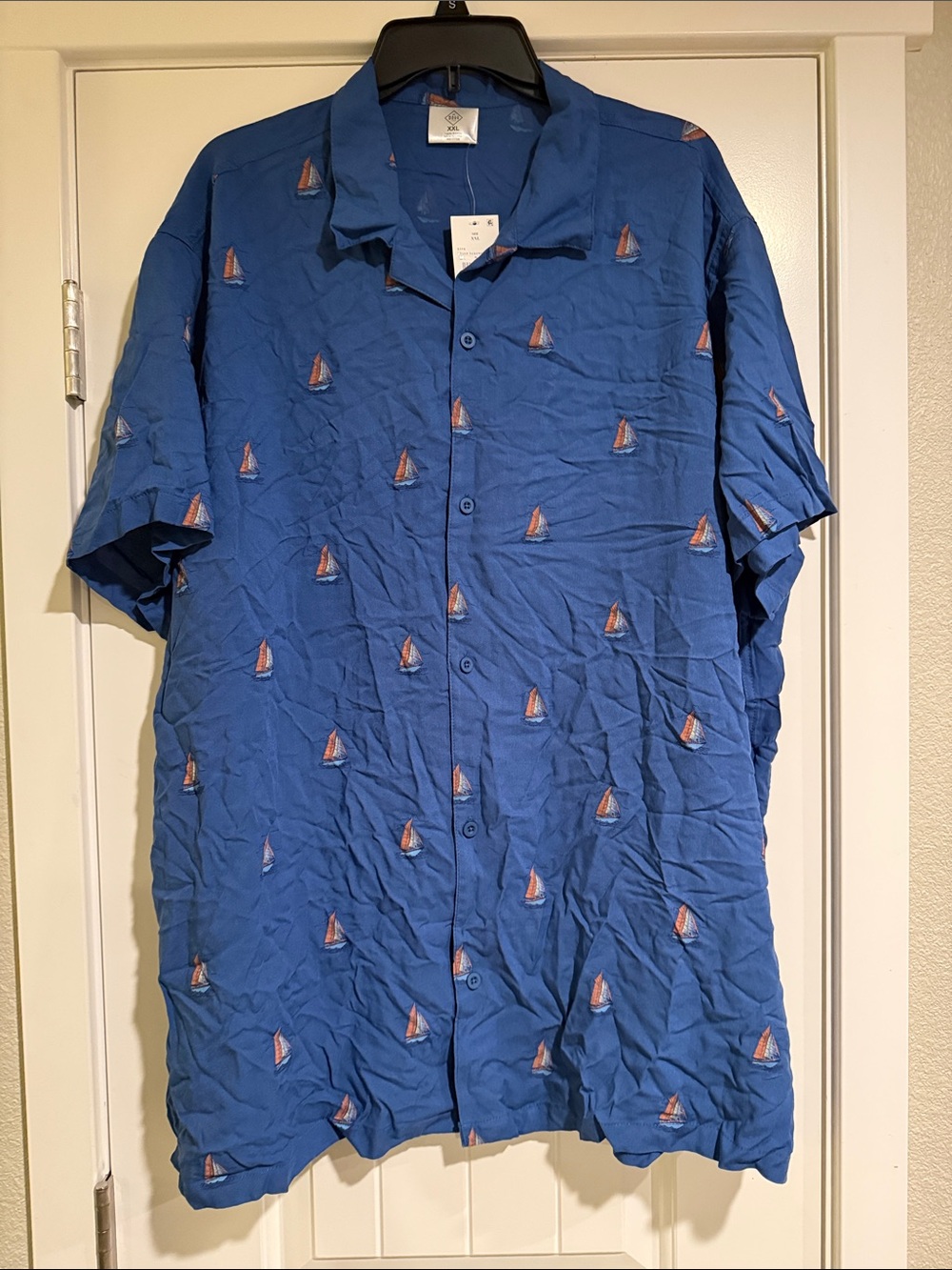 Well Worn Blue Short-Sleeve Button-Down Shirt with Sailboat Motif